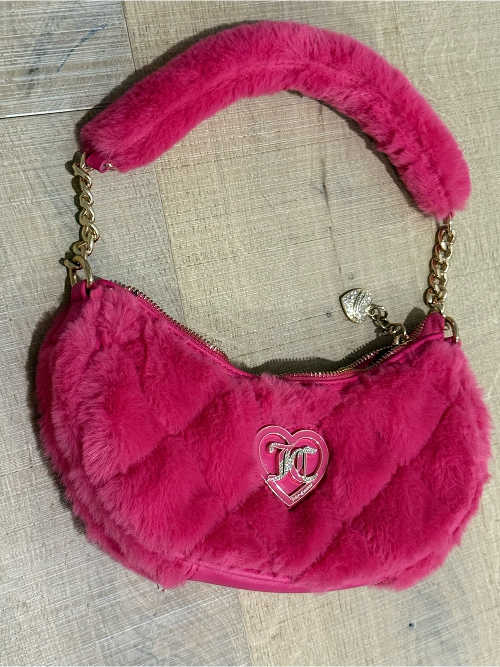 Juicy Couture Hot Pink Faux Fur Shoulder Bag with Gold Hardware